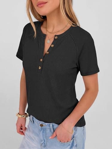 ANRABESS Women Waffle Knit Tops Short Sleeve Henley Shirts Dressy Casual Blouse 2026 Spring Fashion Outfits Trendy Clothes Black X-Large - Thumbnail 5