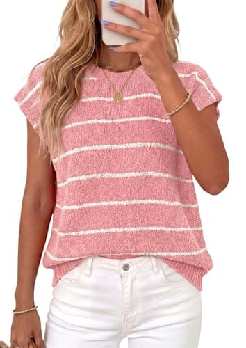 PRETTYGARDEN Womens Summer Short Sleeve Tops 2026 Trendy Crew Neck Striped Knit Sweater Business Casual Spring Clothes (Striped Pink White,Small)