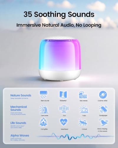 Glocusent Nano-Glow Portable Sound Machine, 35 Soothing Sounds & Night Light for Kids Adults, White Noise Sound Machine with Bluetooth, Timer, Memory, Ideal Travel Companion & Nursery Must-Have - Thumbnail 2
