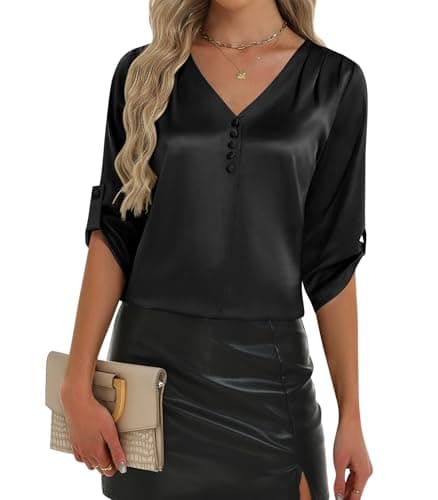 2026 Womens 3/4 Sleeve Shirts Dressy Casual Tops Pleated Satin Silk Business Blouses Black - Image 1