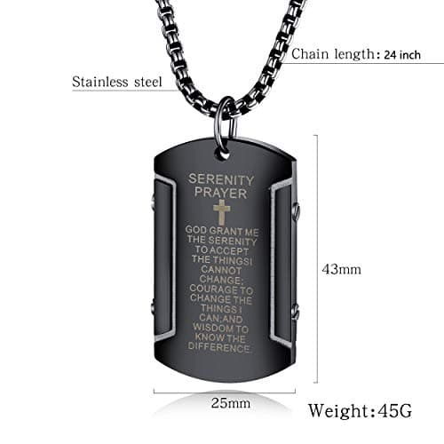 Rehoboth Men's Stainless Steel Dog Tag Bible Verse Serenity Prayer Cross Pendant Necklace for Men Women 24 Inch Chain Black - Thumbnail 2