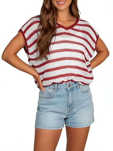 Yousify Womens Summer Crochet Tops Cap Sleeve Knit Pullover Sweater Vest V Neck Cover Ups Beach Vacation Clothes Red - Thumbnail 5