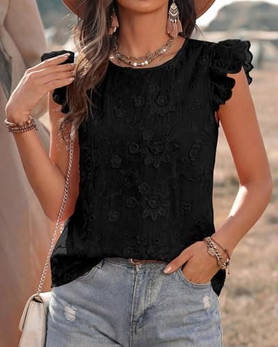 KIRUNDO Blouses for Women Dressy Casual Lace Ruffle Cap Sleeve Tops 2026 Summer Eyelet Floral Embroidered Cute Boho Shirts(Black, XX-Large) - Thumbnail 5