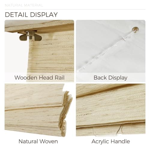 TWOPAGES Natural Woven Ramie Roman Shades, Custom Cordless No Drill or Motorized Bamboo Blinds for Indoor Windows Doors, Cashew - Thumbnail 6