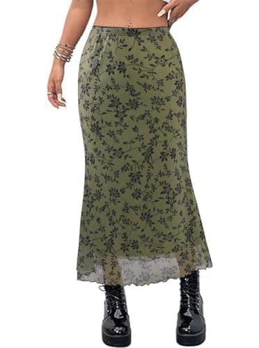Avanova Women Mesh Boho Floral Midi Skirt High Waisted Mermaid Bodycon Skirt Green A X-Small - Image 1