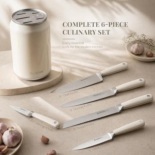 Astercook 6-Piece Kitchen Knife Set with Soda Can-Inspired Block, Full Tang High Carbon Stainless Steel Knives, Retro Cream Design, Dishwasher Safe Knife Sets & ABS Handles - Perfect Kitchen Gifts - Thumbnail 4