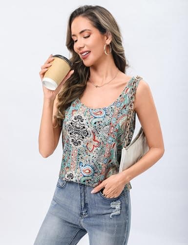 Totatuit Bohemia Print Tank Tops for Women Silk Satin Sleeveless Camisole Blouse Shirts Summer Casual Cami Tops Holiday Anniversary Wedding Guest Shirt Large - Thumbnail 2