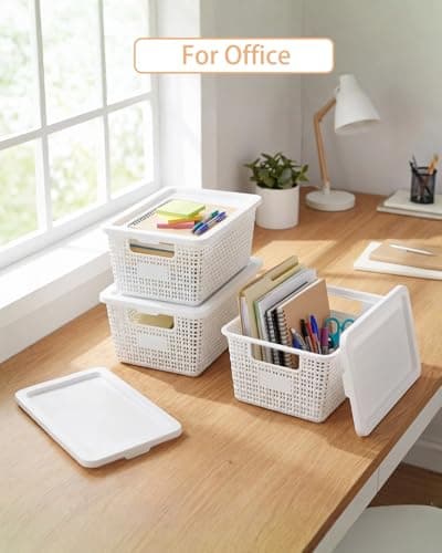 VEGITERIA Plastic Storage Baskets with Lids [6-Pack] – Stackable Organizing Bins with Secure Snap-On Lids for Pantry, Bathroom & Closet | 11"x7"x5" Bins Hold 25lbs, Dustproof & Water-Resistant, White - Thumbnail 6