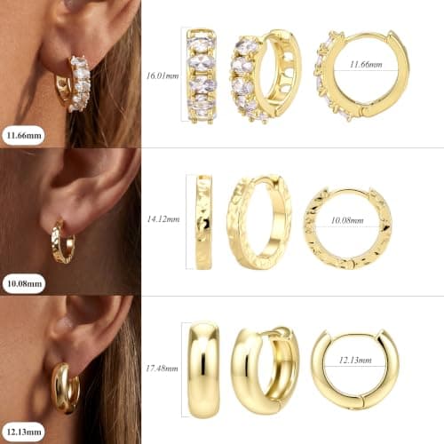 3 Pairs Small Huggie Hoop Earrings Set for Women, Hypoallergenic 14K Gold Plated Hoops Stacks for Multiple Piercings, Dainty Cute Mini Lightweight Cartilage Studs Trendy Jewelry Gift (Set-1) - Thumbnail 5
