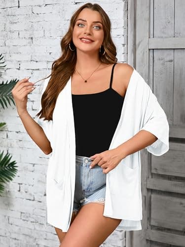 AusLook Plus Size White Cardigan for Women 1X Short Sleeve Lightweight Open Front Shrug with Pockets for Dresses and Layering - Thumbnail 3