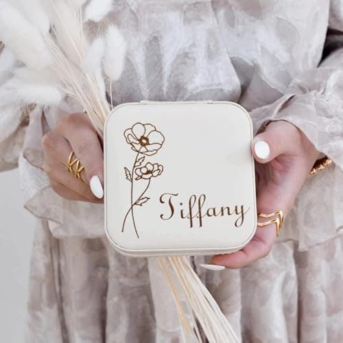Corissy Personalized Jewelry Box for Women, Custom Travel Jewelry Case with Name and Birth Flower, Leather Jewelry Box for Rings, Earrings, Necklaces, Personalized Gifts for Women - Thumbnail 4