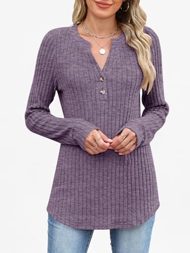 ANRABESS Womens Long Sleeve Henley Shirts 2026 Fall Tunic Tops Ribbed Knit Lightweight Sweaters Dressy Casual Blouse Outfits Purple Medium - Thumbnail 4