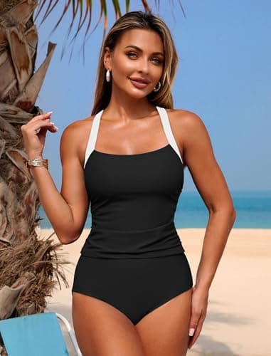 ZAFUL 2 Piece Tankini Swimsuits for Women Tummy Control Bathing Suits Swim Tank Top with Bottom Girls Swimsuit Swimwear Black White L - Thumbnail 2