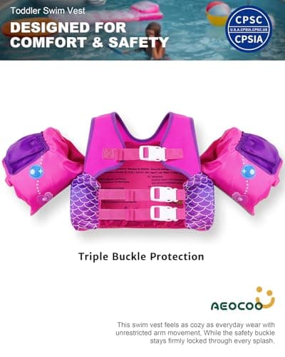 AEOCOO Puddle Float Jumper 20-30-50-60-70 Pounds, Toddler Swim Vest for 1-3-5-6-9 Years Old, Pool Floats with Swimming Arm Floaties Swim Jacket for Kids Swimmies, Boys, Girls, Niños, Seajelly - Thumbnail 2