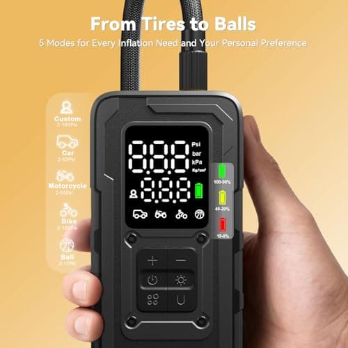 Tire Inflator Portable Air Compressor, Up to 160 PSI Car Tire Inflator, Cordless Air Pump, Portable Tire Pump with Gauge - Portable Tire Inflators for Car, Light Pickup, Bike and More - Thumbnail 5