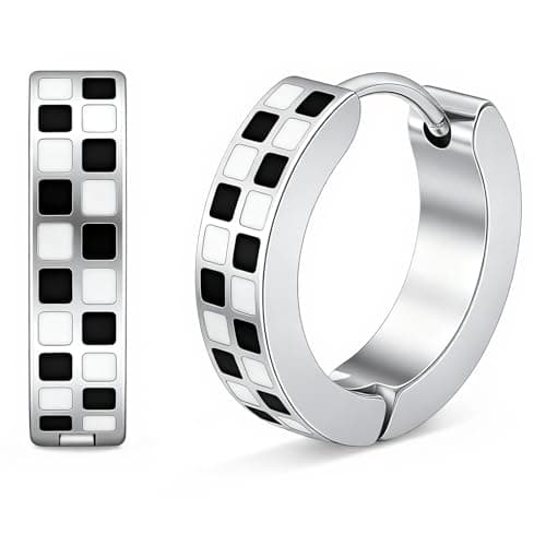 Enamel Earrings Checkered Huggie Small Hoop Earrings,Hypoallergenic 18K Gold Plated Surgical Stainless Steel,Chic Black and White Checkered Cartilage Earrings for Women Birthday Daily Wear (Silver) - Image 1