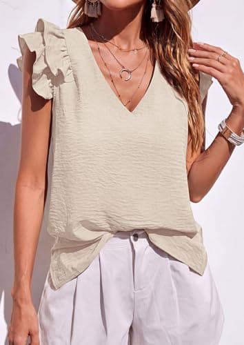 PRETTYGARDEN Blouses for Women Dressy Casual Summer Going Out Tops 2026 Spring Business Work V Neck Ruffle Cap Sleeve Shirts (Beige,Medium) - Thumbnail 2
