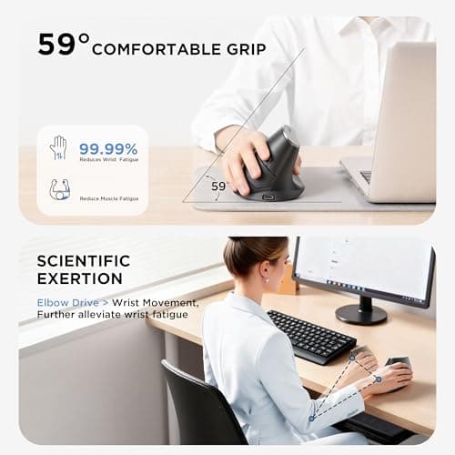 Uineer Wireless Ergonomic Mouse, Bluetooth Mice (BT4.0/5.0 and 2.4G) Rechargeable Vertical Mouse, 3 Multi-Device Connectivity for PC/Mac/Laptop/Computer, 4 DPI Quiet Clicks for Office, Home-Black - Thumbnail 3