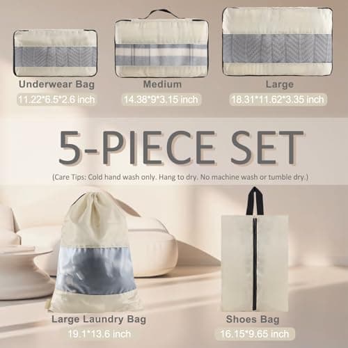 U+U 5 Set Packing Cubes for Travel Essentials Ultralight Luggage Packing Organizers with Laundry Bag and Shoe Bag for Vacation, Business Trip and Camping (Cream) - Thumbnail 3