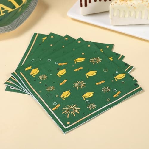 Cheery Land Green Graduation Plates and Napkins 2026, 50 9.3" Mortarboard Shaped Class of 2026 Plates & 50 Grad Napkins - Green and Gold Graduation Decorations 2026 - Thumbnail 5