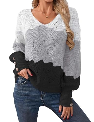 Libsorge Womens Oversized Cute Color Block Button Sweater Spring 2026 Trendy Ladies Dressy Casual Outfits Lightweight Crochet Knit Hollow Out Sexy V Neck Long Sleeve Pullover Sweaters Grey S
