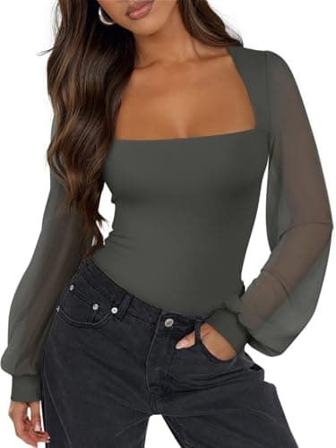 PINKMSTYLE Women's Square Neck Double Lined Mesh Long Sleeve Bodysuits Slim fit Trendy Going Out Tops Shirts Gray Green X-Large - Image 1