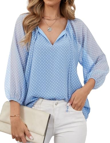 TELULYOO Dressy Blouses for Women Chiffon 3/4 Sleeve Top Casual Business Elegant Polka Dot Bow Tie Neck Work Shirt Blue - Image 1