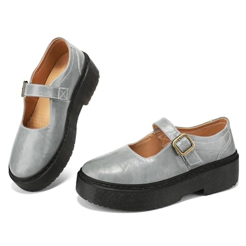 BEAUSEEN Women's Mary Jane Shoes with Platform Sole - Comfort Round Toe Strap Ballet Flats for Women - Chunky Heel Dress Flats Grey,11 US - Image 1