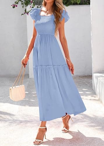 KIRUNDO Smocked Summer Dresses for Women 2026 Wedding Guest Midi Flowy Ruffle Short Sleeve Square Neck Tiered Sundress(Baby Blue, Medium) - Thumbnail 5