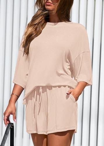KIRUNDO 2 Piece Sets for Women Summer Lounge Sets Casual Oversized Tshirts Shorts Matching Airport Travel Outfits Postpartum(Beige, Medium) - Thumbnail 5