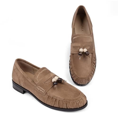 VIUGJNEX Loafers for Women Tan Flats Shoes Women Dressy Comfortable Ruched Toe Beaded Moccasins Womens Faux Suede Womens Loafers Slip on Office Work Flats Casual Walking Shoes Size 9 - Thumbnail 6