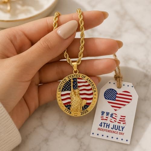 Uloveido Statue of Liberty Necklace for Men Women | 1776-2026 America 250th Anniversary Necklace with American Flag Pendant | 18K Gold Plated Stainless Steel Rope Chain Patriotic USA Jewelry Gift YA7078 - Thumbnail 4
