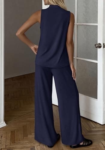 BTFBM 2 Piece Outfits For Women Airport Travel Summer 2026 Loose Mock Neck Sleeveless Wide Leg Pants Workout Lounge Sets(Navy Blue, X-Large) - Thumbnail 3