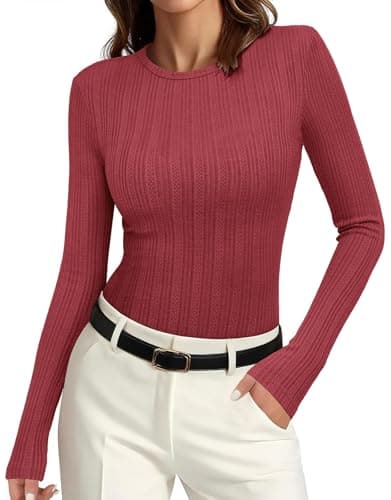 PRETTYGARDEN Spring Long Sleeve Shirts for Women Trendy Crewneck Fitted Tight Textured Cute Tops Ladies Tunic Top (Red, X-Large) - Image 1