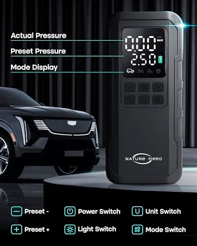 Nature Hero Tire Inflator Portable Air Compressor - 7500mAh Air Pump for Car Tires, 150PSI Cordless Tire Pump with Pressure Gauge & LED Lights - 3X Faster for Car, Motorcycle, Balls and Bicycle, Black - Thumbnail 6