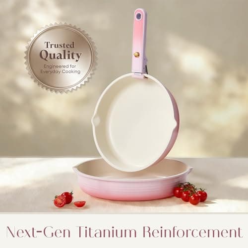CAROTE 20Pcs Titanium Cookware Set, Pots and Pans Set Non Stick, Kitchen Cooking Set with Detachable Handle, Non Toxic Induction Cookware, Dishwasher/Oven Safe Pink - Thumbnail 2