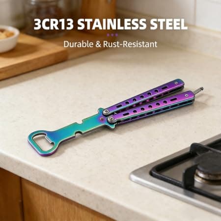 Butterfly Trainer for Beginners, Blunt Unsharpened Design, 3Cr13 Stainless Steel Balisong Trainer with Bottle Opener & Hex Screwdriver, Safe Latch, Portable Size for EDC & Skill Practice - Thumbnail 5