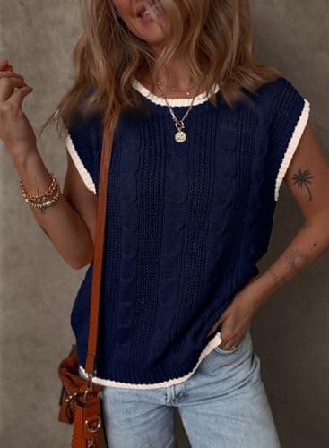 Dokotoo Summer Outfits for Women Round Neck Cap Sleeve Color Block Cable Knit Tank Top for Women Sweater Vest Women Navy Blue X Large - Thumbnail 2