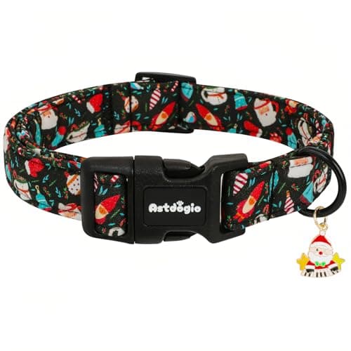 Astdogio Christmas Dog Collar with Santa & Snowman, Adjustable Cotton Collars for Medium Dogs, Medium Dog Collar Black Festive Collar for Dogs, Dog Christmas Collar Perfect for Photos