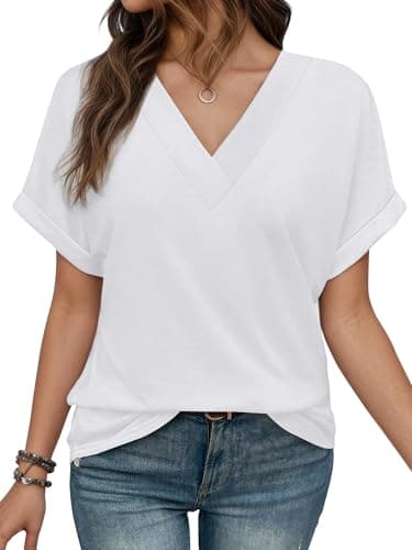EXLURA Womens Summer Tops V Neck Outfits Clothes Short Dolman Sleeve Blouses 2025 Fashion Shirts White - Image 1