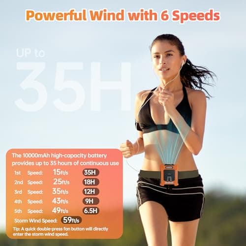 AMKEN Waist Fan, 10000mAh Rechargeable Belt Clip Fan, 59ft/s Airflow, 6-Speed 18500RPM Wearable Cooling with Bottom Air Intake, LED SOS Warning Light, Charge 2 Phones for Jobsite Camping - Thumbnail 3