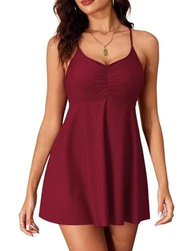ZAFUL Womens One Piece Swimsuit Modest Tummy Control Bathing Suit with Skirt Ruffle Basic Adjustable Swim Suits Red S - Image 1