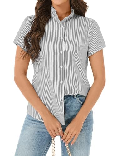 Funlingo Women's Striped Button Down Shirts Short Sleeve Ruffle Collar Work Blouses Fashion 2026 Spring Business Casual Tops Summer Clothes Black White 2XL - Thumbnail 4