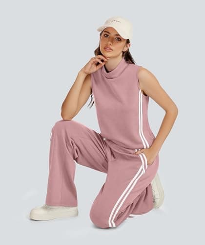 Casly Lamiit Womens 2 Piece Lounge Sets Casual Travel Outfits Sweat Suit Active Mock Neck Tank Tops Track Pants Matching Airport Clothes Dark Pink L - Thumbnail 6