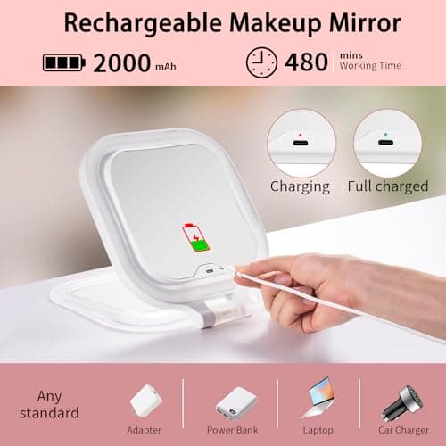 DESCHEN Travel Makeup Mirror with Lights, Rechargeable 1X/10X Magnifying Vanity Mirror, Portable Lighted Makeup Mirror with Magnification & 3 Color Light, Dimmable Touch Screen, Folding LED Mirror 7" - Thumbnail 4