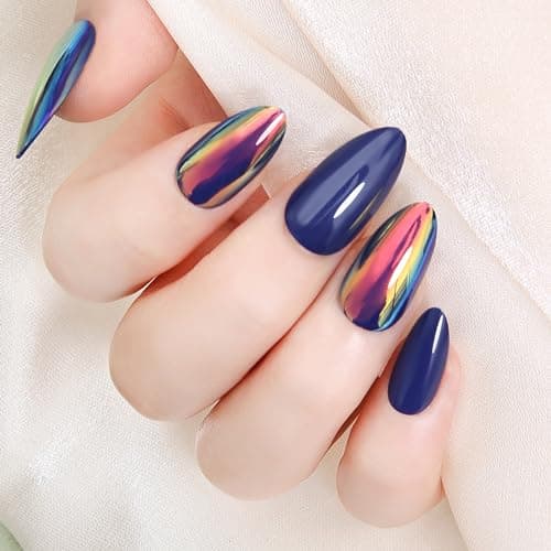 ZANVIA Acrylic Press On Nails Blue Almond - Nail Kit Iridescent Chrome Reusable Manicure for Women, 24 Nails in 12 Sizes with Glue, Adhesive Tabs, File, Prep Pad, Manicure Stick - Image 1