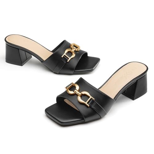 Athlefit Women's Heeled Sandals Black Chunky Heel Mules Square Peep Toe Low Block Heels Slip On Comfortable Summer Dressy Shoes Size 10 - Thumbnail 5