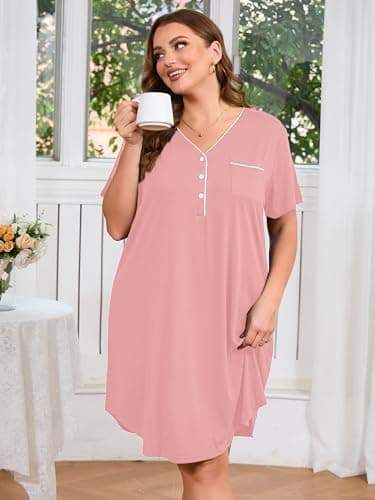 AusLook Plus Size Pink Nightgown for Women Midi Sleep 2X Dress Short Sleeve V Neck Loose Fit Lounge House Dress Soft Casual Night Dress - Thumbnail 3