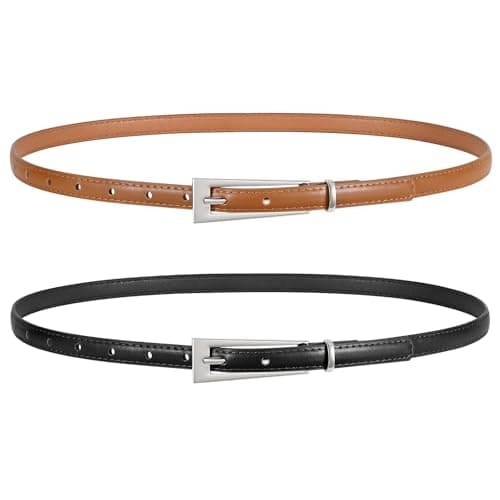 LEACOOLKEY Women Skinny Belts for Jeans Dress Pants 2 Pack Thin Leather Waist Belts with Silver Buckle - Image 1