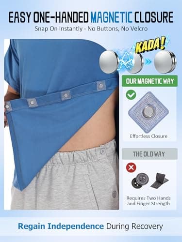 Recorah Shoulder Surgery Recovery Shirt with Magnetic Snaps - Developed with Surgical Experts, Crew Neck Top for One-Handed Dressing - Breathable 70% Cotton Post-Op Wear - Thumbnail 3